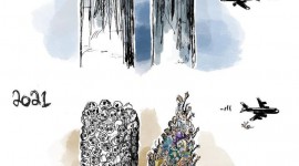 «داستان دو برج» اثر: رفعت الخطیب، کاریکاتوریست اردنی که اشاره‌ای به  حادثه ۱۱ سپتامبر دارد